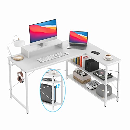 L-Shaped Desk with Storage Shelves, Computer Desk with Monitor Stand Study Writing Table Workstation, Easy to Assemble, White