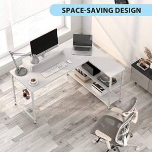 L-Shaped Desk with Storage Shelves, Computer Desk with Monitor Stand Study Writing Table Workstation, Easy to Assemble, White