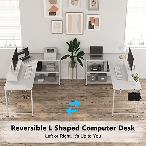 L-Shaped Desk with Storage Shelves, Computer Desk with Monitor Stand Study Writing Table Workstation, Easy to Assemble, White