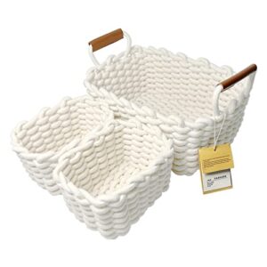 3-piece woven baskets for storage, verkigle white cotton rope basket with handle, decorative cute baskets for room desktop organizing, empty gift basket, small shelf basket for baby nursery
