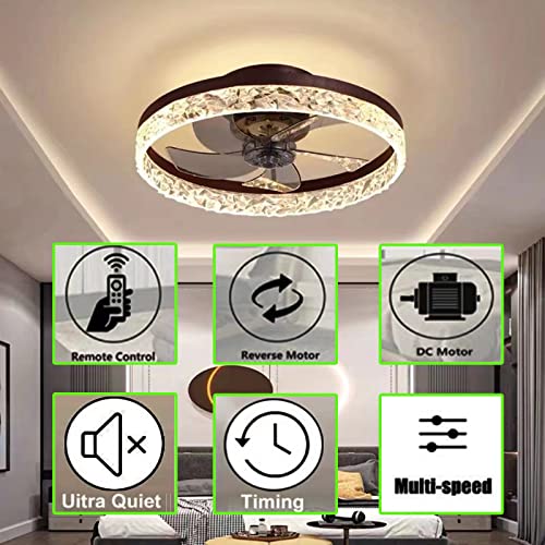 CHITBIT 19.7" Ceiling Fan With Lights Remote Control,Dimmable Enclose Bladeless Ceiling Fan,Multi Speed and Timing indoor Modern flush mount Low Profile fan Brown