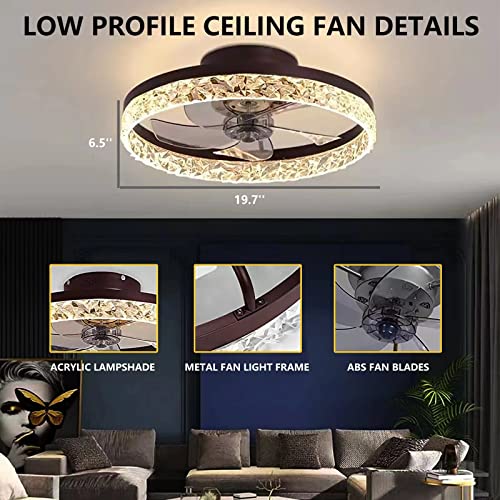 CHITBIT 19.7" Ceiling Fan With Lights Remote Control,Dimmable Enclose Bladeless Ceiling Fan,Multi Speed and Timing indoor Modern flush mount Low Profile fan Brown