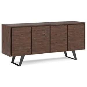 simplihome lowry solid acacia wood 66 inch wide modern industrial large 4 door sideboard buffet in distressed charcoal brown, for the dining room and kitchen