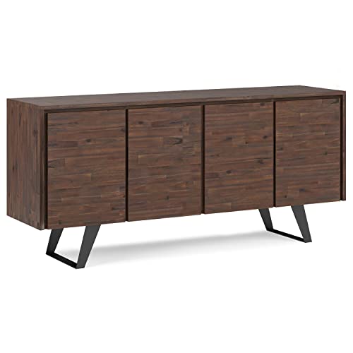 SIMPLIHOME Lowry SOLID ACACIA WOOD 66 Inch Wide Modern Industrial Large 4 Door Sideboard Buffet in Distressed Charcoal Brown, For the Dining Room and Kitchen