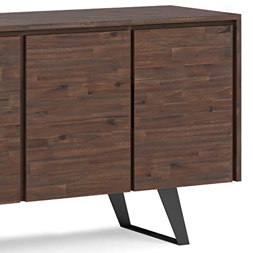 SIMPLIHOME Lowry SOLID ACACIA WOOD 66 Inch Wide Modern Industrial Large 4 Door Sideboard Buffet in Distressed Charcoal Brown, For the Dining Room and Kitchen