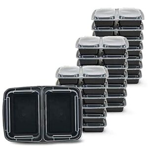 sunrise pak [150 sets] 2 compartment meal prep containers, 28oz black plastic containers, to go container, bento box, lunch box, food storage container, bpa free, reusable (sr222b)