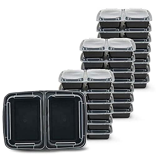 Sunrise Pak [150 Sets] 2 Compartment Meal Prep Containers, 28oz Black Plastic Containers, To Go Container, Bento Box, Lunch Box, Food Storage Container, BPA Free, Reusable (SR222B)