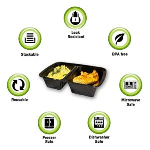 Sunrise Pak [150 Sets] 2 Compartment Meal Prep Containers, 28oz Black Plastic Containers, To Go Container, Bento Box, Lunch Box, Food Storage Container, BPA Free, Reusable (SR222B)
