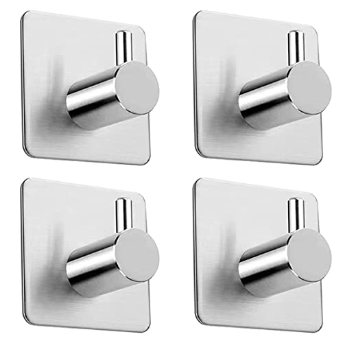 Mouytca 4 Pack Adhesive Hooks Brushed Nickel SUS304 Stainless Steel Towel Hooks Heavy Duty Waterproof Wall Hooks Self Adhesive Coat Robe Towel Hooks for Bathrooms Kitchen Hotel Wall Mounted Hook