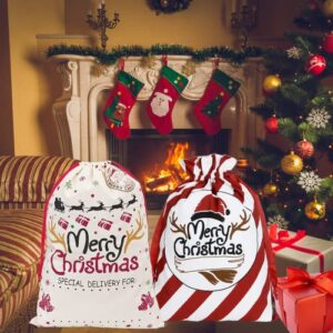 kathyyue Christmas Santa Sacks Canvas Gift Bags Personalized Xmas Large Burlap Presents Bags with Drawstring Reusable Gift Candy Treats Storage 2Pcs Size 17.7" x 25.6" and 19.7" x 27.5"