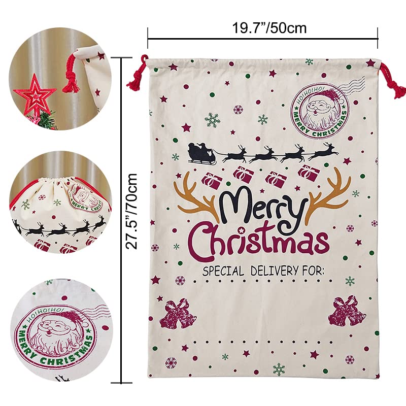 kathyyue Christmas Santa Sacks Canvas Gift Bags Personalized Xmas Large Burlap Presents Bags with Drawstring Reusable Gift Candy Treats Storage 2Pcs Size 17.7" x 25.6" and 19.7" x 27.5"