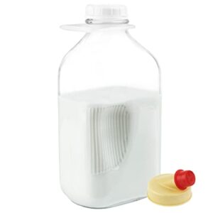 64 oz glass milk bottle with lids, half gallon carafe, container for refrigerator, pitcher with cap and pour spout, made in usa by kitchentoolz