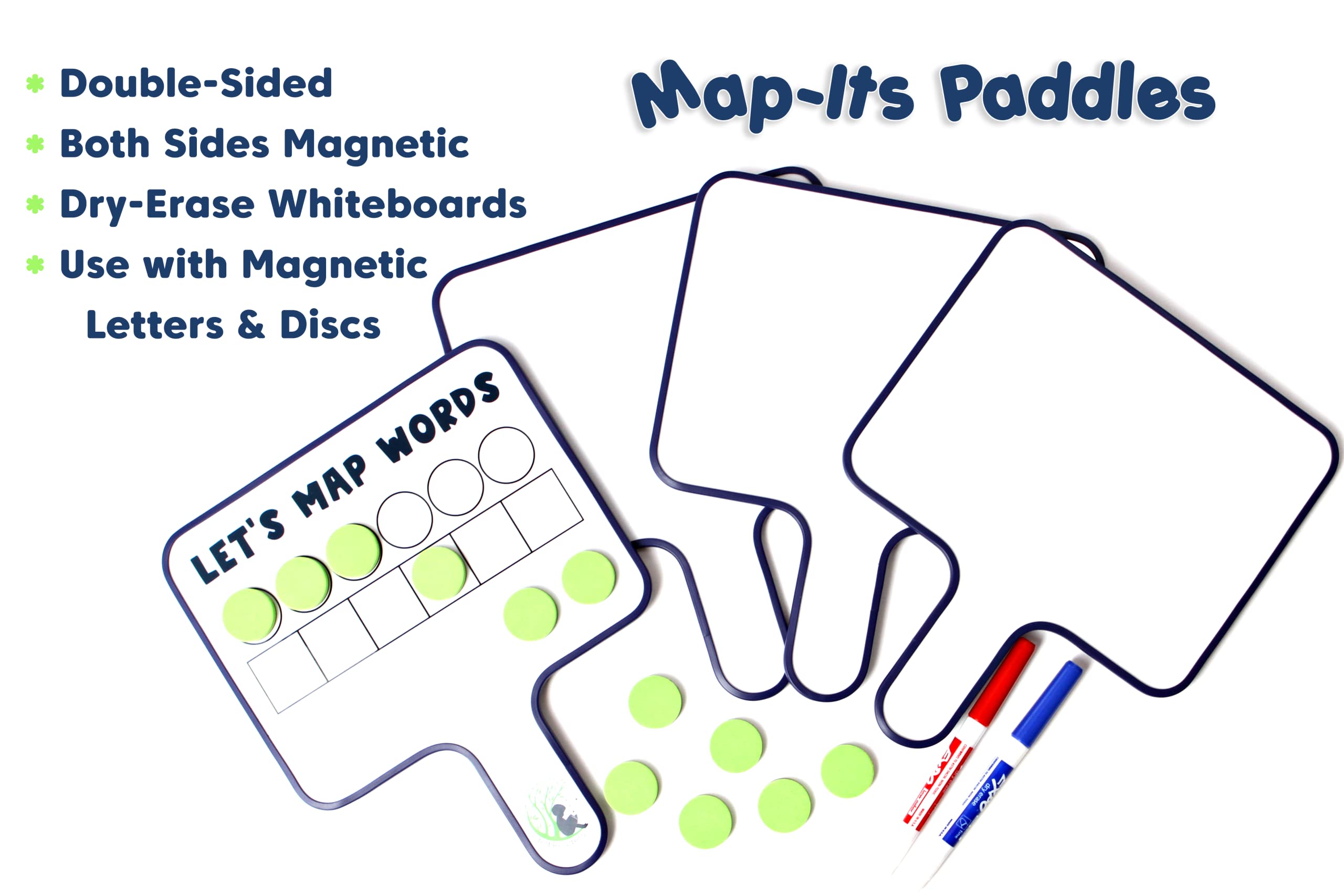 Word Mapping Paddles for Phoneme Grapheme Mapping | Orthographic Mapping & Science of Reading Manipulatives | 6 Double-Sided Magnetic Whiteboard Paddles w/ 36 Magnetic Discs