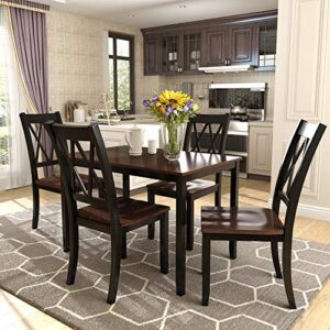 bedgjh 5-piece wood dining table set, kitchen & dining room furniture-1 solid wood round table w/ 4 cross back chairs for breakfast lunch dinner living space (black+cherry)