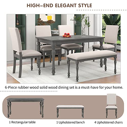 Merax 6-Piece Wood Rectangular Table Set with Turned Legs, 4 Upholstered Chairs and Bench for Dining Room, Grey+Beige(6pcs)