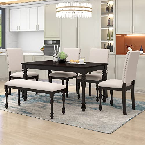 Merax 6-Piece Wood Rectangular Table Set with Turned Legs, 4 Upholstered Chairs and Bench for Dining Room, Espresso+Beige(6pcs)