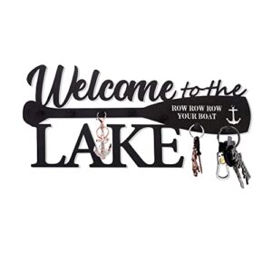 biagift lake house decor welcome sign lake house gifts, key holder for wall decorative with 6 hooks, anchor wall decor - welcome to the lake, 14.2 x 6.0 inches