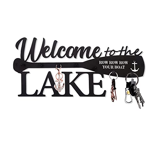 BiaGift Lake House Decor Welcome Sign Lake House Gifts, Key Holder for Wall Decorative with 6 Hooks, Anchor Wall Decor - Welcome to The Lake, 14.2 x 6.0 Inches