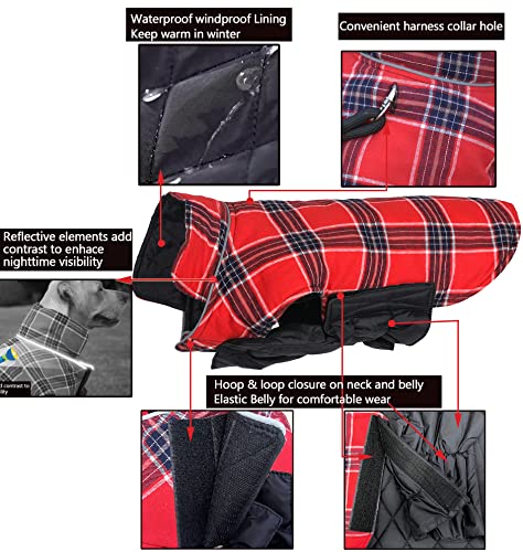 Sychien Dog Plaid Winter Reflective Large Coat,Windproof Waterproof Cold Weather Thunder Anxiety Calming Jacket,Coats for Boy Girl Puppy Dogs,Christmas Red XL