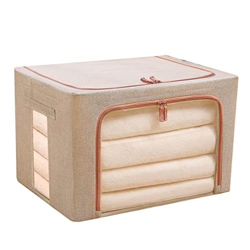 Clothes Storage Bag Large Capacity Closet Organizers Foldable Storage Containers with Reinforced Handle Steel Frame for Blanket Comforter, Bedding, Foldable with Sturdy Zipper Clear Window Beige 66L