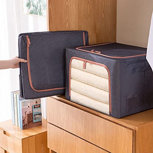 Clothes Storage Bag Large Capacity Closet Organizers Foldable Storage Containers with Reinforced Handle Steel Frame for Blanket Comforter, Bedding, Foldable with Sturdy Zipper Clear Window Beige 66L
