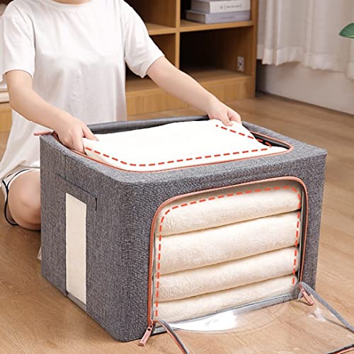 Clothes Storage Bag Large Capacity Closet Organizers Foldable Storage Containers with Reinforced Handle Steel Frame for Blanket Comforter, Bedding, Foldable with Sturdy Zipper Clear Window Beige 66L