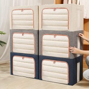 Clothes Storage Bag Large Capacity Closet Organizers Foldable Storage Containers with Reinforced Handle Steel Frame for Blanket Comforter, Bedding, Foldable with Sturdy Zipper Clear Window Beige 66L