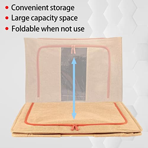 Tasmegol Stackable Steel Frame Clothes Storage Bins Box Foldable closet organizers bags linen cloth clothing containers for sweater bedding blanket (Beige 2 Pack 66L)