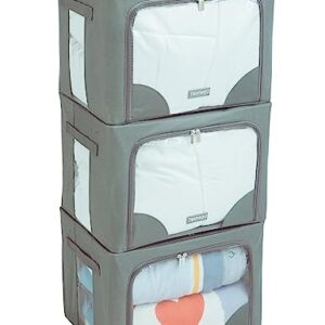 Tasmegol Foldable Clothes Storage Box Stackable Clear Window Closet Containers Organizer Bins Oxford Cloth Steel Frame Clothing Bags for Sweater Bedding Blanket