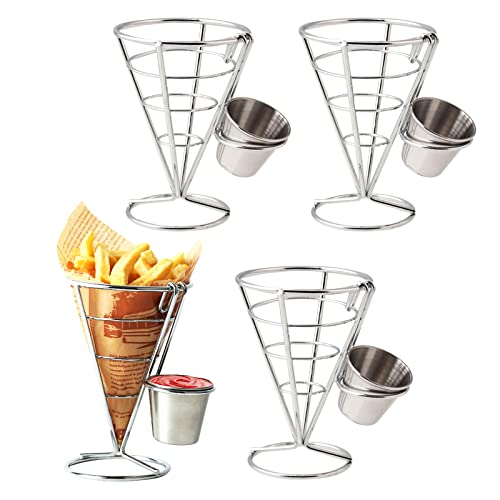 CNQLIS 4Pcs French Fry Holder French Cone French Fries Basket with Sauce Cup Metal Wire French Fry Holder for Food Ice Cream Holder/Buffet Dinner/Home Parties