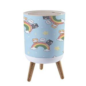 trash can with lid seamless cute cat rainbow sky animals character cartoon design press cover small garbage bin round with wooden legs waste basket for bathroom kitchen bedroom 7l/1.8 gallon