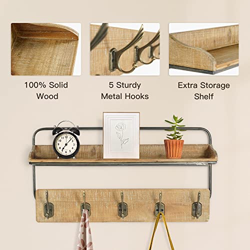 Putuo Decor Wall Mounted Coat Rack, 20.7 Inch Rustic Wood Coat Rack with Shelf, Entryway Organizer Wall Hanging Shelf with 5 Metal Hooks