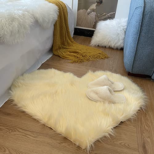 Wolf Prospect Thick Soft Fluffy Heart Shaped Rug, Faux Sheepskin Fur Rug, 2.3X3 Feet Shaggy Area Rugs for Bedroom, Living Room, Sofa, Floor Mat (Light Yellow)