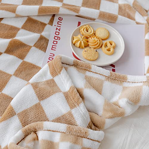 LIPOR Throw Blankets Flannel Blanket Checkerboard Grid Pattern Ultra Soft Fuzzy Checkered Throw Blankets Warm Home Decorative Luxury Blanket for Bed Couch Sofa All Seasons (Khaki, 51"x60")