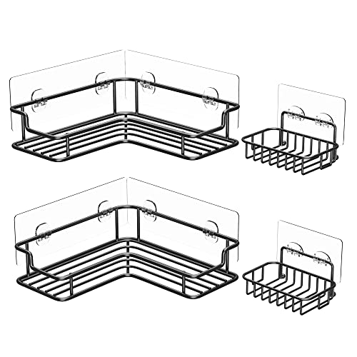 Vetacsion 2 Pack Self Adhesive Stainless Steel Corner Shower Caddy with 2 Soap Dish Holder,9 Adhesive Tapes,2 Movable Hooks,Matt Black