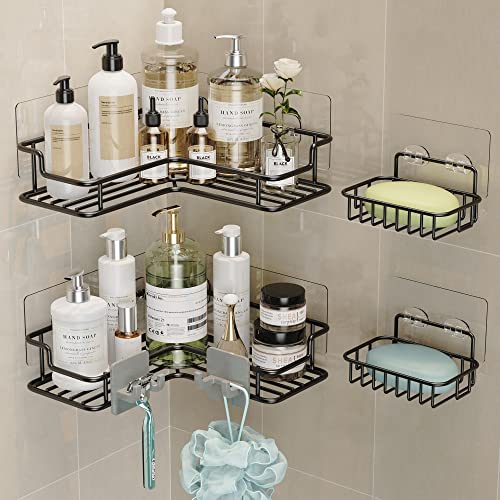 Vetacsion 2 Pack Self Adhesive Stainless Steel Corner Shower Caddy with 2 Soap Dish Holder,9 Adhesive Tapes,2 Movable Hooks,Matt Black