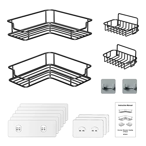 Vetacsion 2 Pack Self Adhesive Stainless Steel Corner Shower Caddy with 2 Soap Dish Holder,9 Adhesive Tapes,2 Movable Hooks,Matt Black