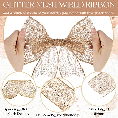 2 Rolls 20 Yards Christmas Halloween Metallic Wired Ribbons Glitter Ribbon for Crafts Valentine Floral Bow Making DIY Gift Wrapping Wedding Party Home Decor (Champagne, 2.5 Inch)