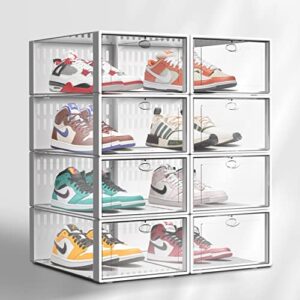 Durable Shoe Boxes Clear Plastic Stackable, Sturdy Hard Plastic Shoe Storage Boxes, Pure Clear Shoe Boxes Stackable, Space Saving Shoe Box Sneaker Storage Shoe Containers Medium Size Shoe Case 12PACK (Clear-8Pack)