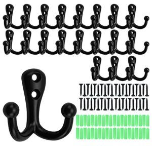 potaosey 20pcs black coat hooks, retro double wall mounted double prong robe hook with 40 screws for bedroom, entryway, closet, kitchen, office, small hooks, hat hooks