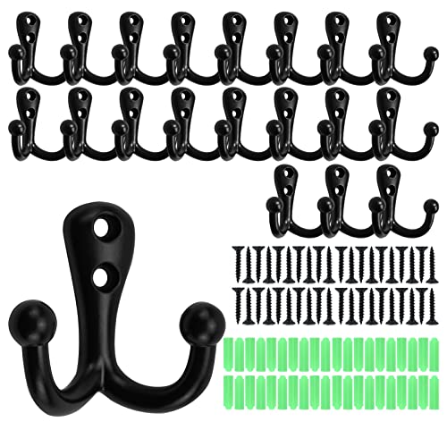 Potaosey 20PCS Black Coat Hooks, Retro Double Wall Mounted Double Prong Robe Hook with 40 Screws for Bedroom, Entryway, Closet, Kitchen, Office, Small Hooks, Hat Hooks