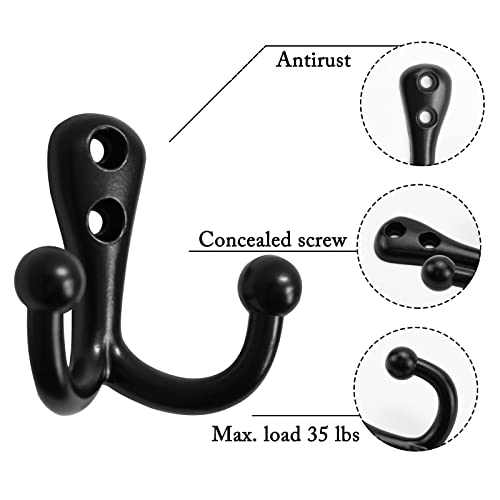 Potaosey 20PCS Black Coat Hooks, Retro Double Wall Mounted Double Prong Robe Hook with 40 Screws for Bedroom, Entryway, Closet, Kitchen, Office, Small Hooks, Hat Hooks