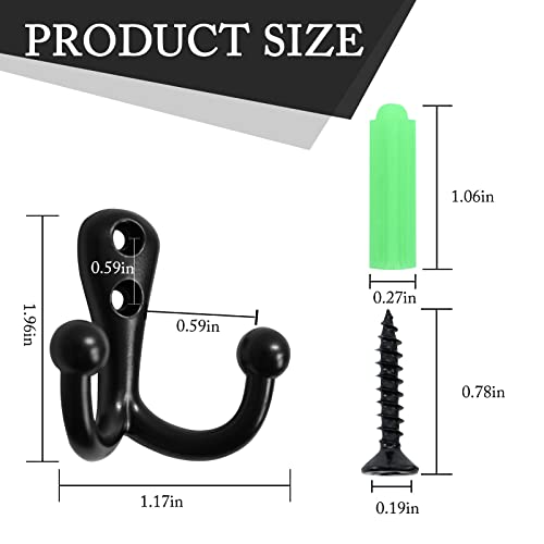 Potaosey 20PCS Black Coat Hooks, Retro Double Wall Mounted Double Prong Robe Hook with 40 Screws for Bedroom, Entryway, Closet, Kitchen, Office, Small Hooks, Hat Hooks