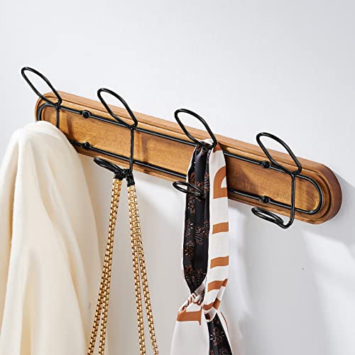 DRKUN Wood Coat Hook Wall Mounted Hooks for Hanging Clothes Rack with 8 Hooks, Double Round Hooks Black Stainless Steel Hanger for hat Towel Bedroom Bathroom