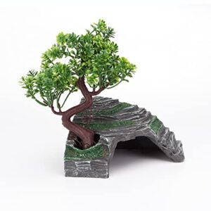 reptile simulation rock hide-resin amphibian hideouts cave size 3.94'' x 1.77'' with plastic tree 7.87'',habitat for bearded dragon turtles lizards snakes crab gecko leopard spider fish