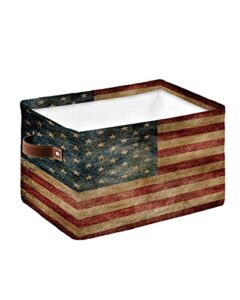 american red flag cube storage organizer bins with handles, 15x11x9.5 inch collapsible canvas cloth fabric storage basket, vintage retro geometry stripe books kids' toys bin boxes for shelves, closet