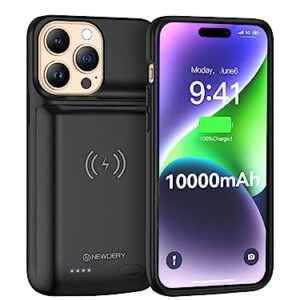 NEWDERY 10000mAh Battery Case for iPhone 14/14 Pro/13/13 Pro, Wireless Charging & Wired Earphone & Sync-Data Supported, Portable Extended Charger Case for iPhone 14/13 Pro, 6.1 inch Black