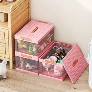 wisdom star 3 pack collapsible storage bins with lids, clear plastic foldable storage box, stackable storage containers for organizing, pink