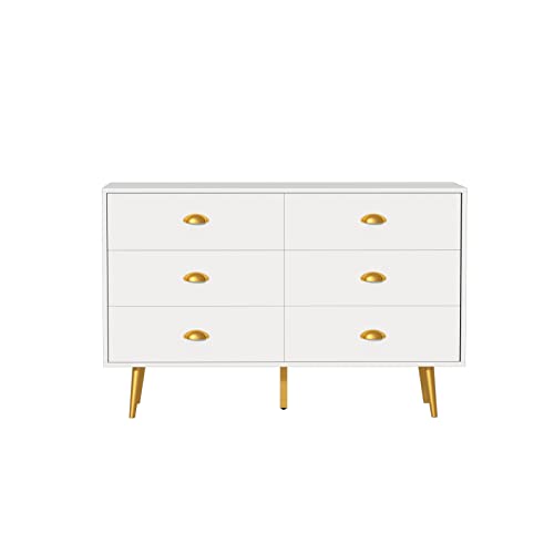 CARPETNAL White Dresser, Modern Dresser for Bedroom, 6 Drawer Dresser with Wide Drawers and Metal Handles, Wooden Double Dressers & Chest of Drawers for Hallway, Entryway