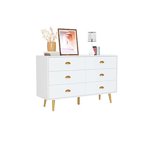 CARPETNAL White Dresser, Modern Dresser for Bedroom, 6 Drawer Dresser with Wide Drawers and Metal Handles, Wooden Double Dressers & Chest of Drawers for Hallway, Entryway